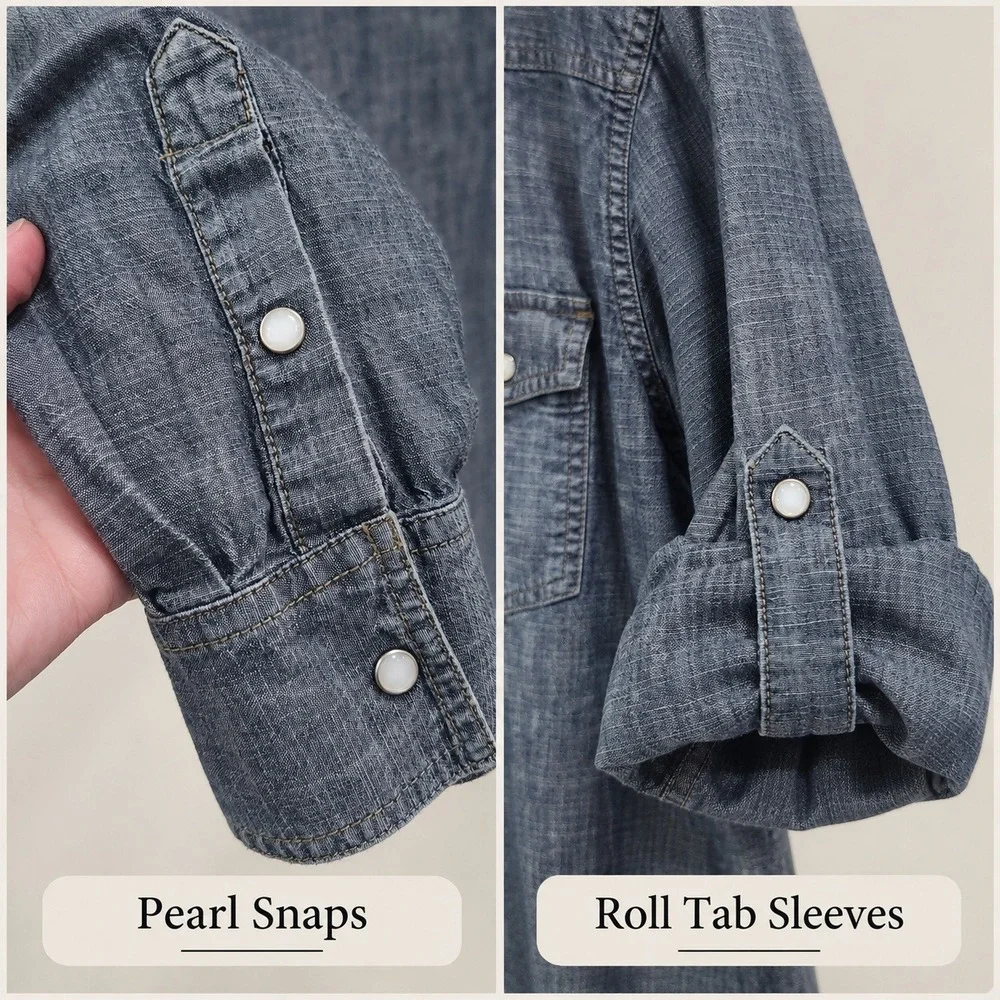 PD&C Mens Denim Western Shirt Blue Pearl Snap Roll Tab PW9ZA0BD Medium